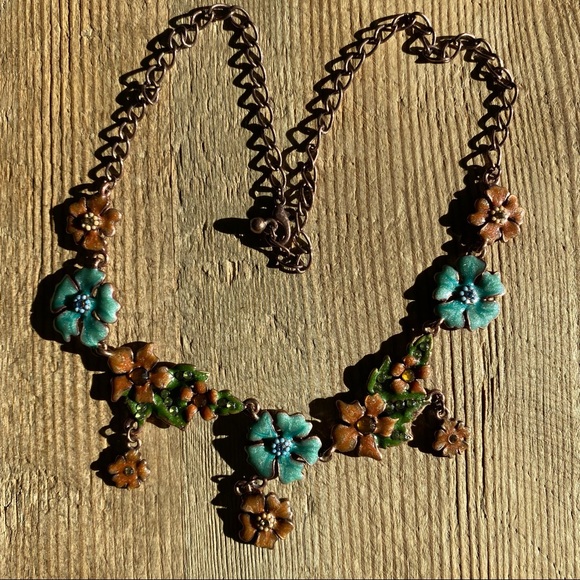 Vintage Enamel Flower Statement Necklace w Sparkly Crystals & Dangles - Picture 8 of 10